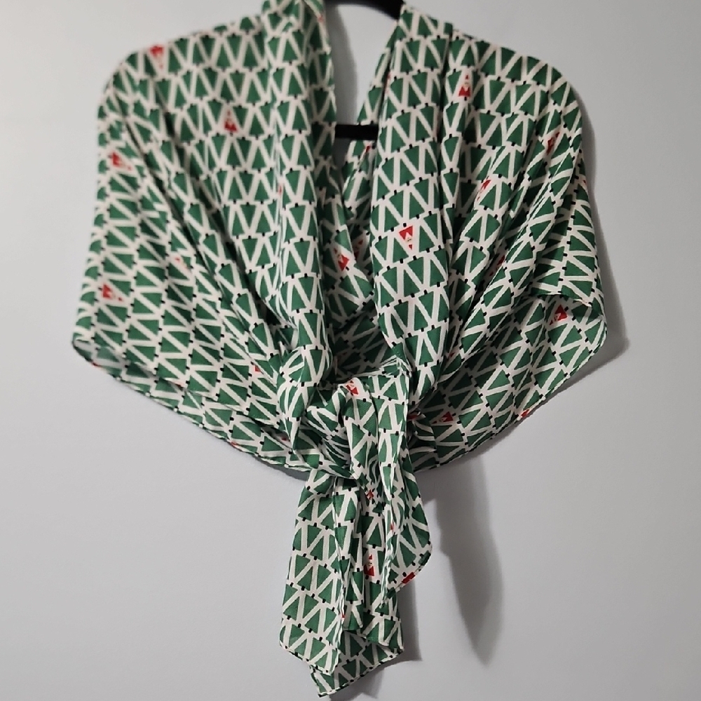 Green Patterned Christmas Scarf Santa & Trees Wide & Long 21x76
